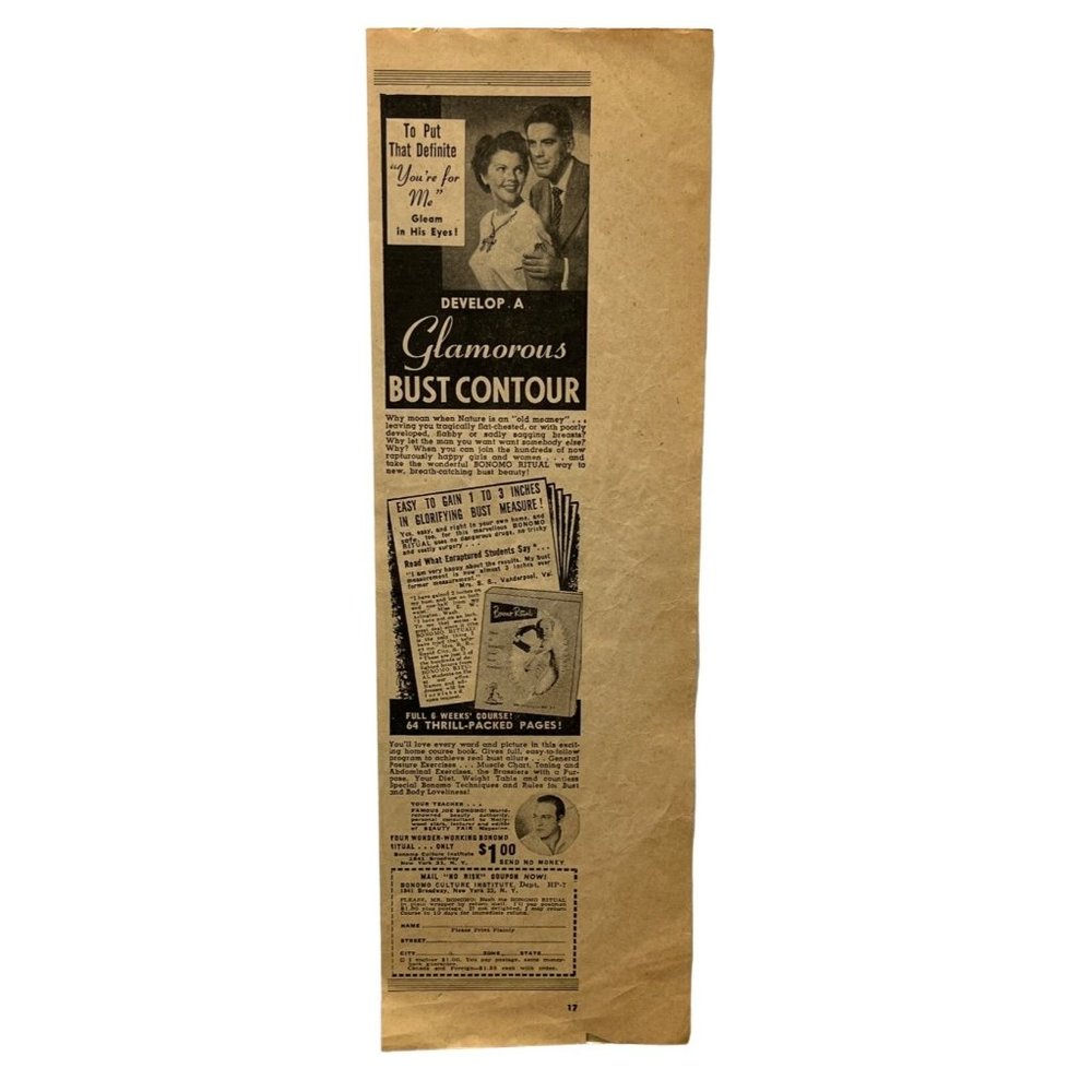 Joe Bonomo Ritual Vintage Print Ad 1950 For a Glamorous Bust Contour
